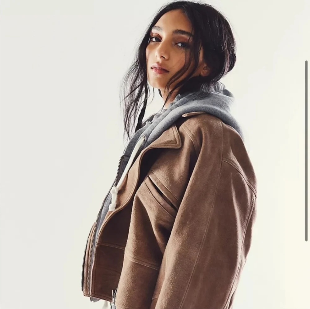 Free People Brown Suede Cropped Leather Jacket with Gray Hooded Liner